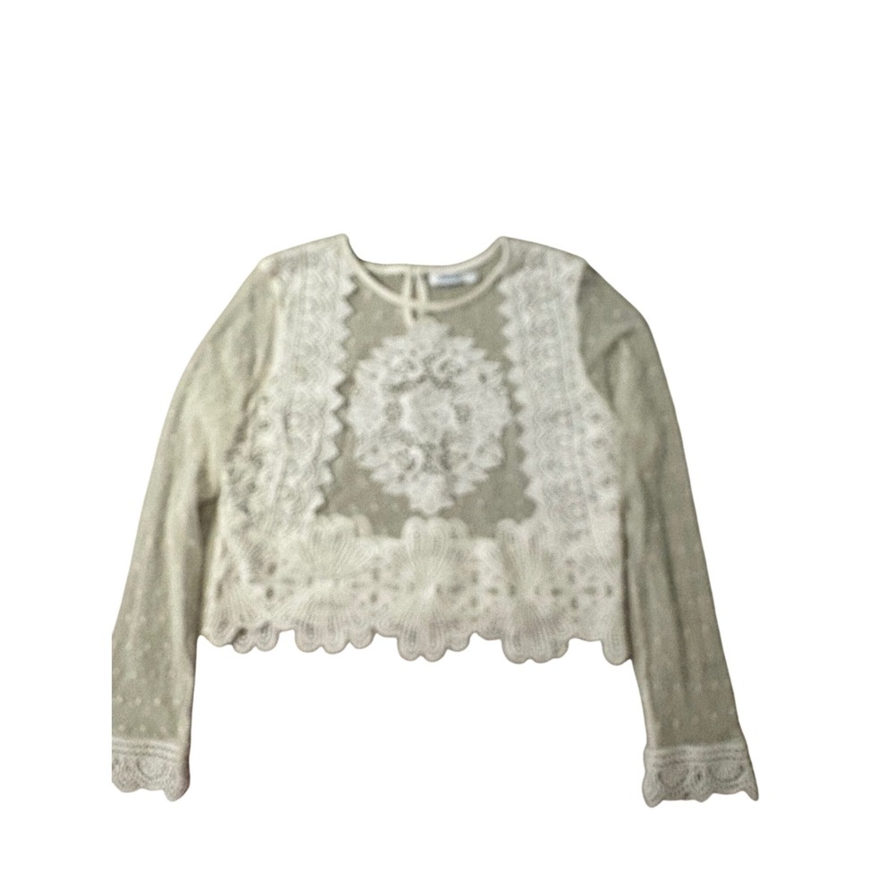 Valleygirl White Sheer Lace Mesh Long Sleeve Crop Top Floral Scalloped Hem Small